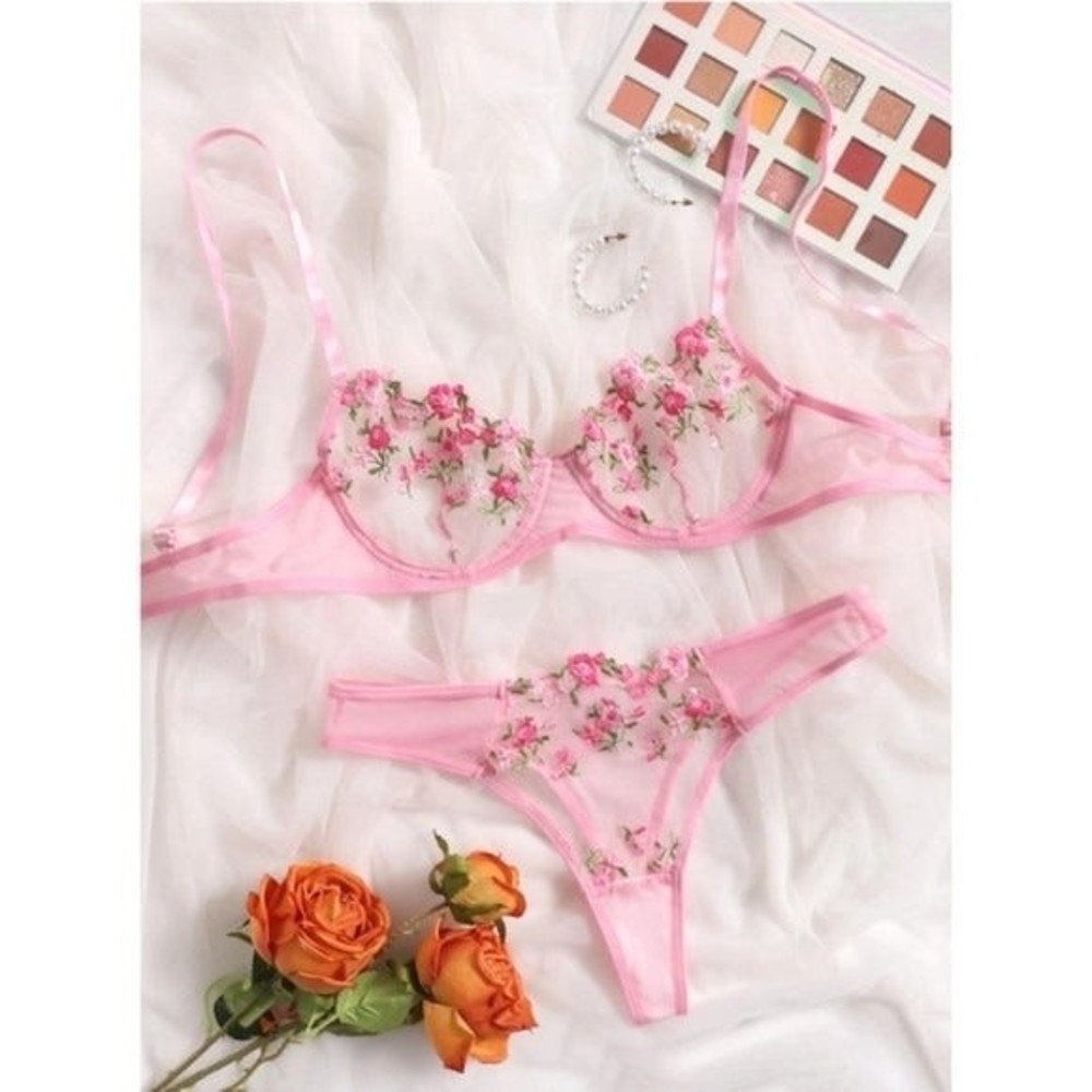 Large Pink Floral Embroidery Mesh Underwire Lingerie Set